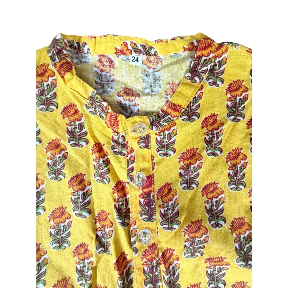 Yellow Floral Block Print Kurta Tunic Long Sleeve Cotton Band Collar Top Size 24